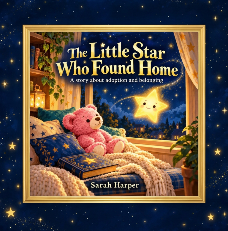 Cover artwork for The Little Star Who Found Home by Sarah Harper — a glowing golden star and a pink teddy beside a golden frame, under a starry night sky
